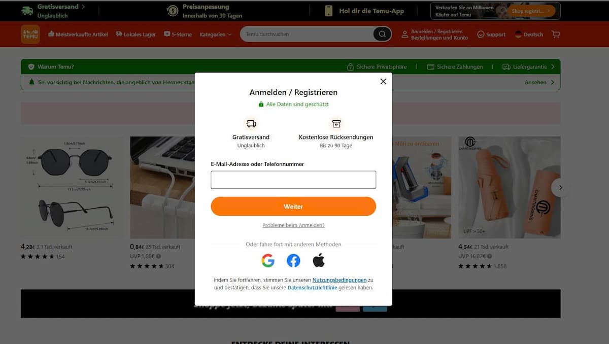Datenschutz auf Temu