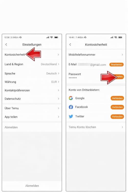 So ändern Sie das Passwort in Temu 3