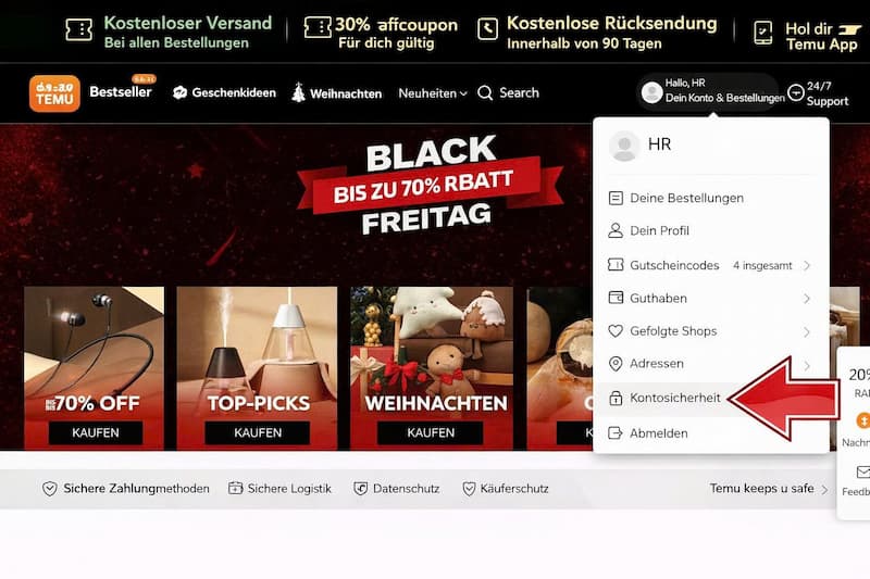 So ändern Sie das Passwort in Temu 6