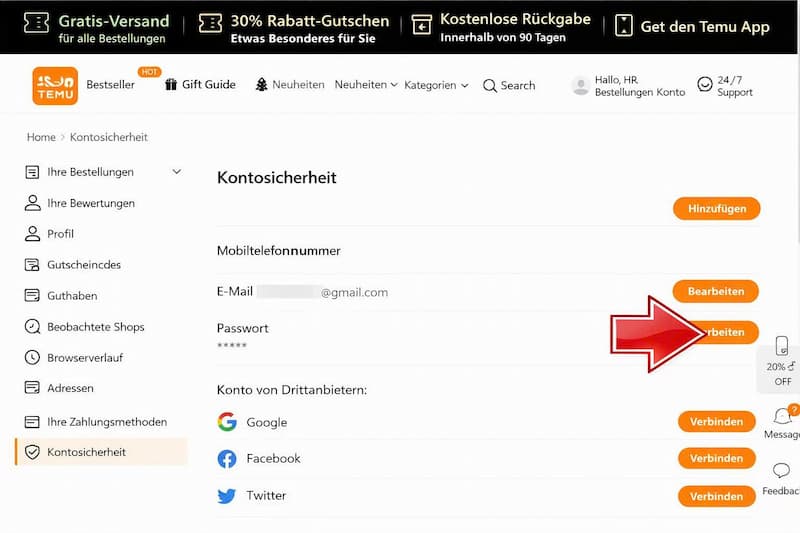 So ändern Sie das Passwort in Temu 7