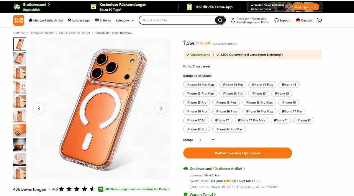 Tracking über die Temu-Website