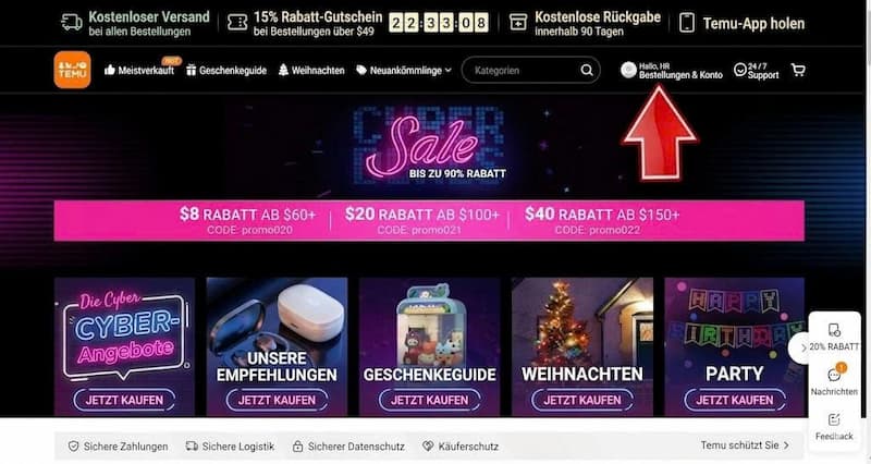 Zahlungsmethode zu Temu hinzufügen 1