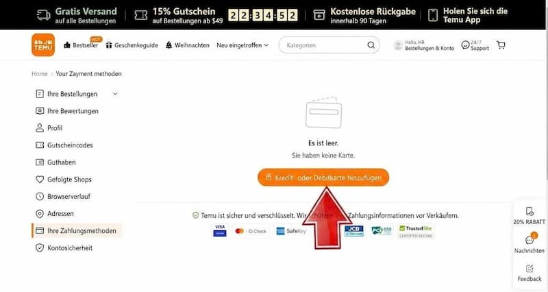 Zahlungsmethode zu Temu hinzufügen 3