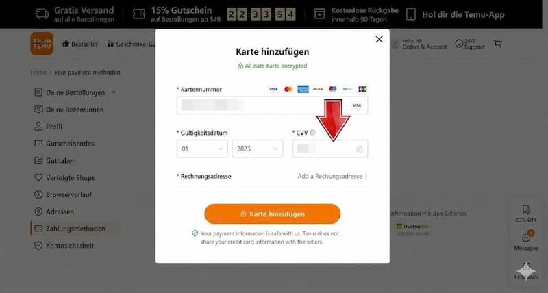 Zahlungsmethode zu Temu hinzufügen 4