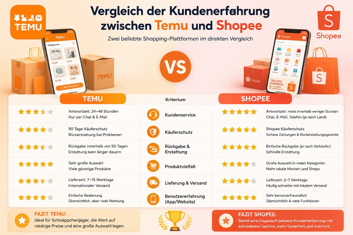 Vergleich der Kundenerfahrung zwischen Temu und Shopee